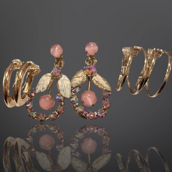 Lot of 3 Vintage Clip-on Earrings, 2 gold hoops, 1 pink Dangler - Picture 2 of 8